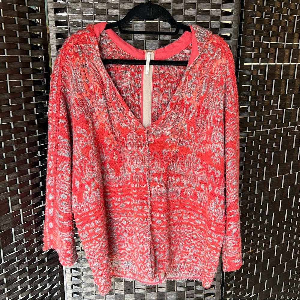 Free People marled Knit Hoodie Sweater, Red/Gray, Size Medium